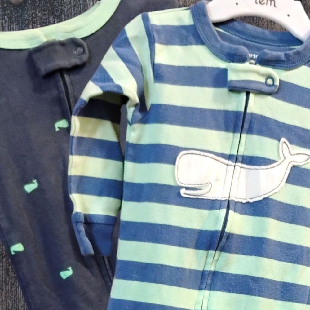 12m Carters Boys Footed Pajamas 1 Piece Zip Up Jammies Whales Lot of 2